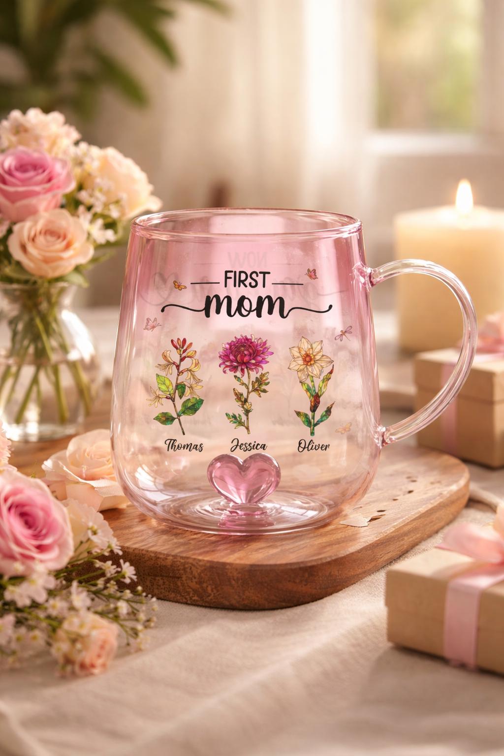 First Mom Now Grandma Custom Birth Flowers Mug, Personalized Glass Gradient Mug Mother's Day Gift for Mom, Grandma, New Grandma Coffee Mug