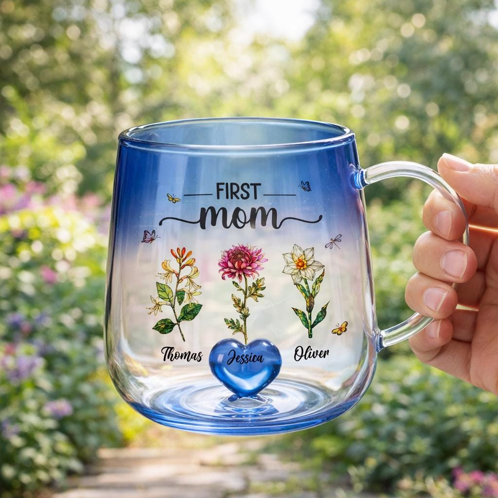 First Mom Now Grandma Custom Birth Flowers Mug, Personalized Glass Gradient Mug Mother's Day Gift for Mom, Grandma, New Grandma Coffee Mug