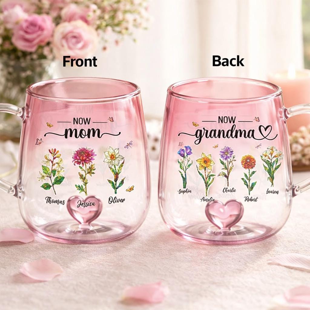 First Mom Now Grandma Custom Birth Flowers Mug, Personalized Glass Gradient Mug Mother's Day Gift for Mom, Grandma, New Grandma Coffee Mug