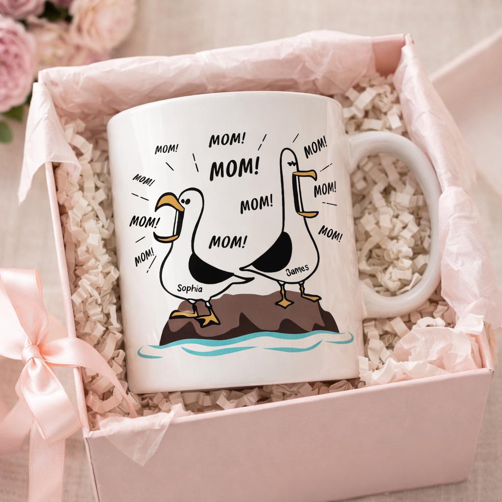 Seagull Mom Mom Mom Personalized Mom Coffee Mug, Funny Mother's Day Gift, Gift For Mom, Custom Kids Names Mug