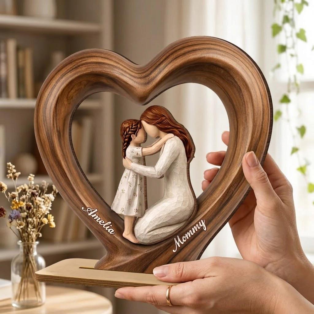 First Mothers Day 2D FLAT Wooden Block Gift, Personalized Mom and Baby Keepsake, Heart Shape Wood Sculpture, New Mom Gift, Custom Name Decor