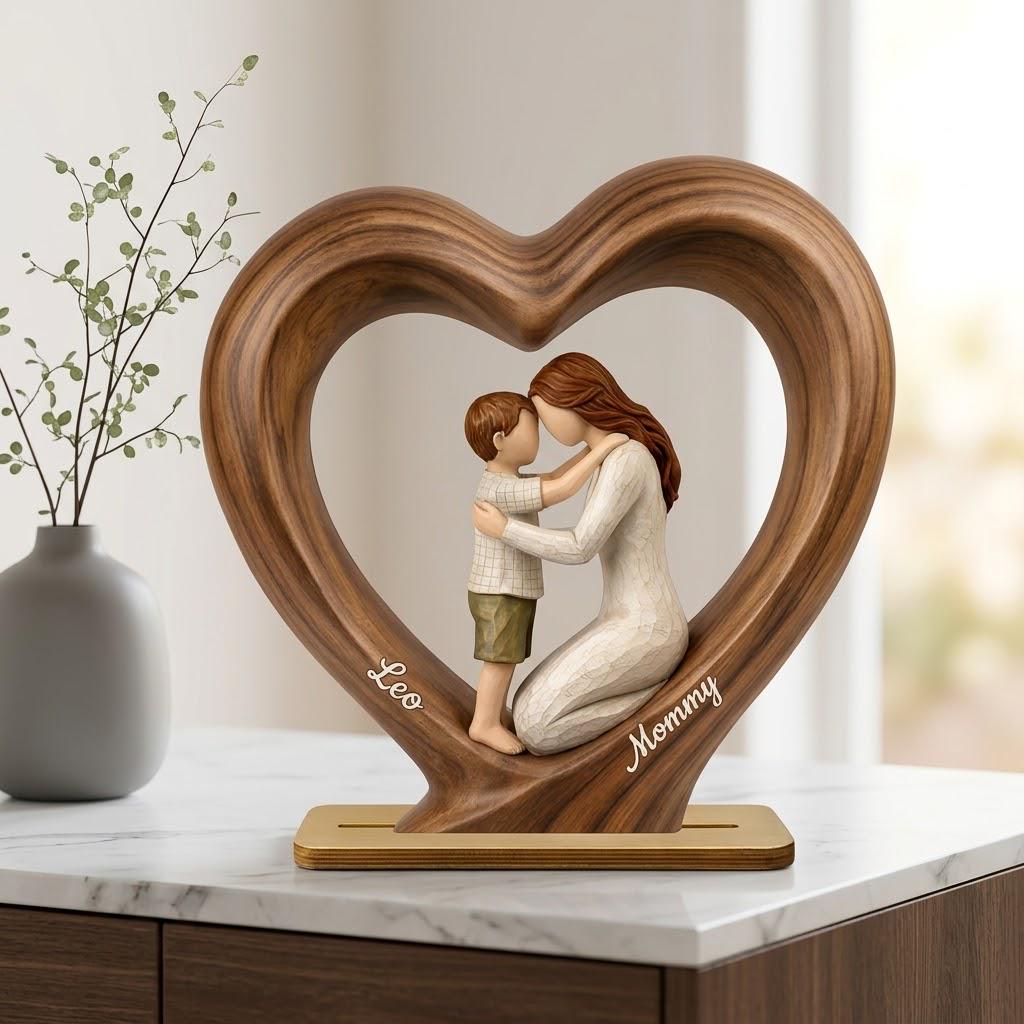 First Mothers Day 2D FLAT Wooden Block Gift, Personalized Mom and Baby Keepsake, Heart Shape Wood Sculpture, New Mom Gift, Custom Name Decor