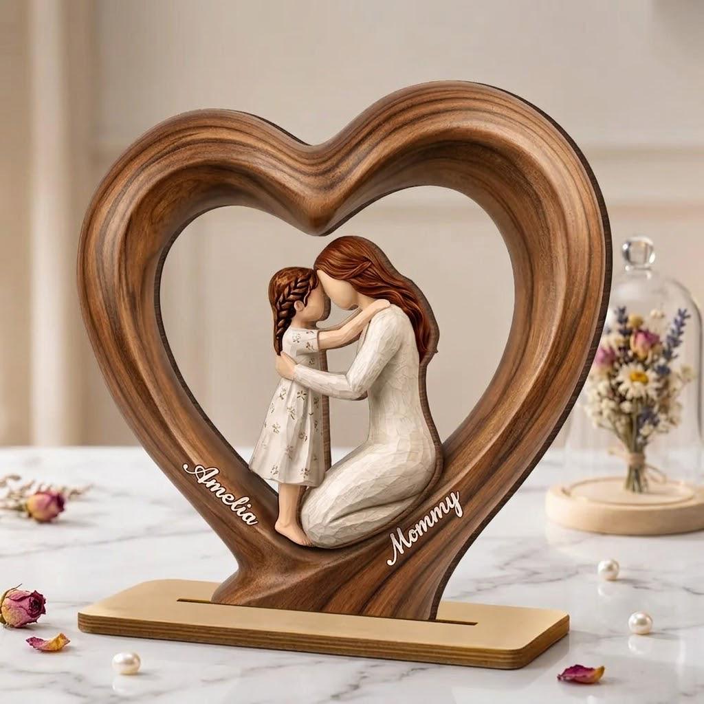First Mothers Day 2D FLAT Wooden Block Gift, Personalized Mom and Baby Keepsake, Heart Shape Wood Sculpture, New Mom Gift, Custom Name Decor